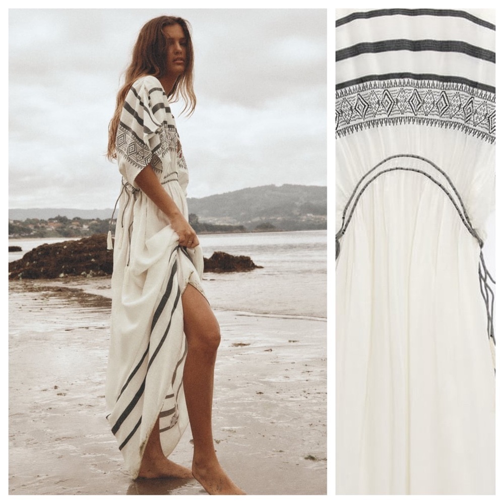 NWT. Zara Ecru Beaded V-Neck Kaftan Dress. Size XS-S.